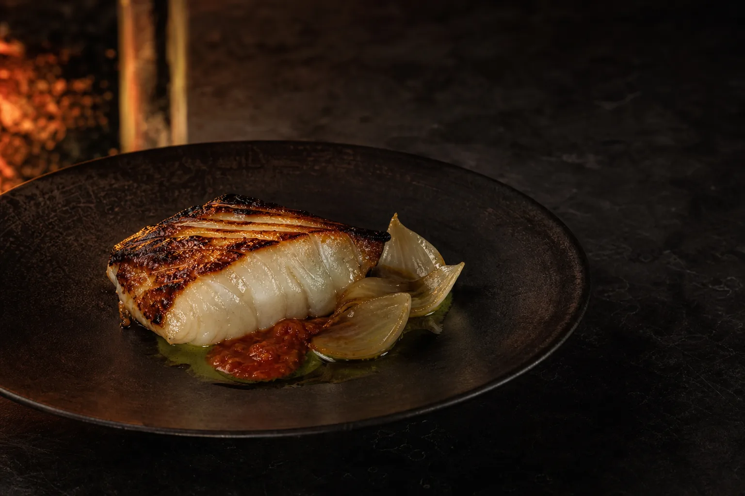 Embered black cod with sweet onion and fermented pepper