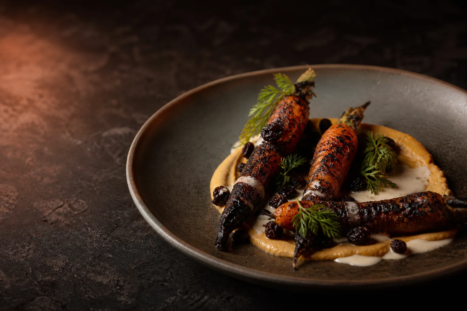 Coal-roasted heritage carrots with sunflower miso and smoked whey