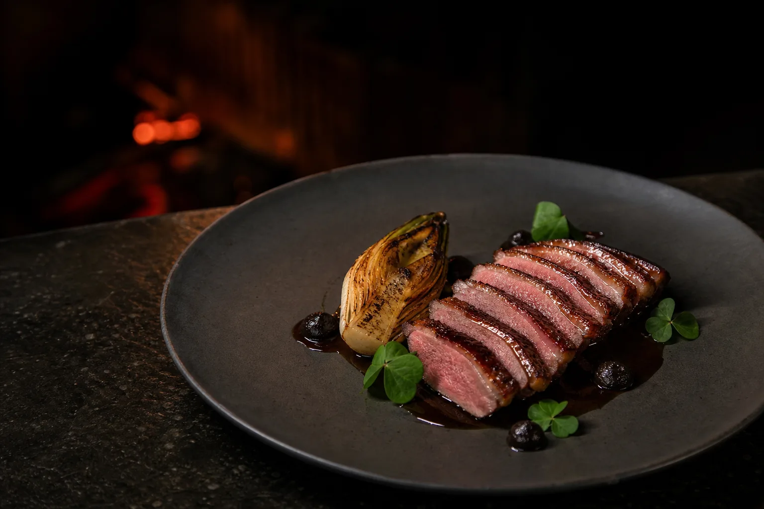 Sliced fire-roasted duck with charred endive, smoked cherry glaze, black garlic, and wood sorrel