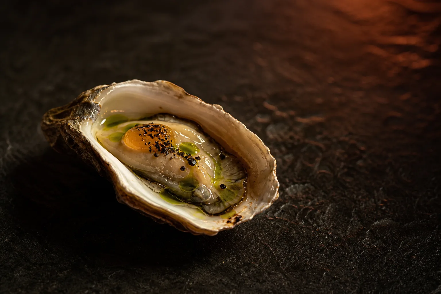 Smoked oyster with apple gel, herb oil, and leek ash