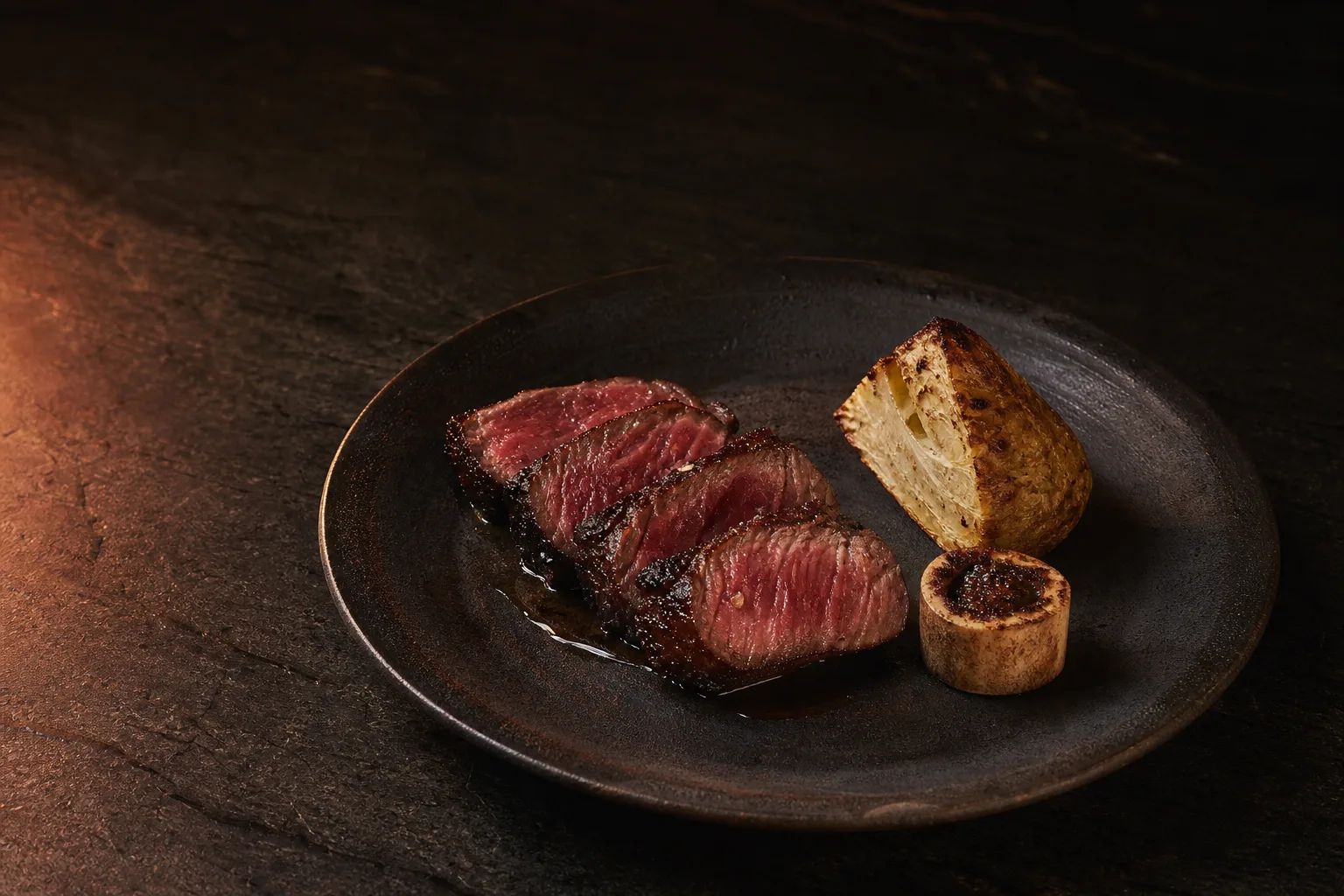 Dry-aged ribeye with roasted celeriac, bone marrow, and white oak jus